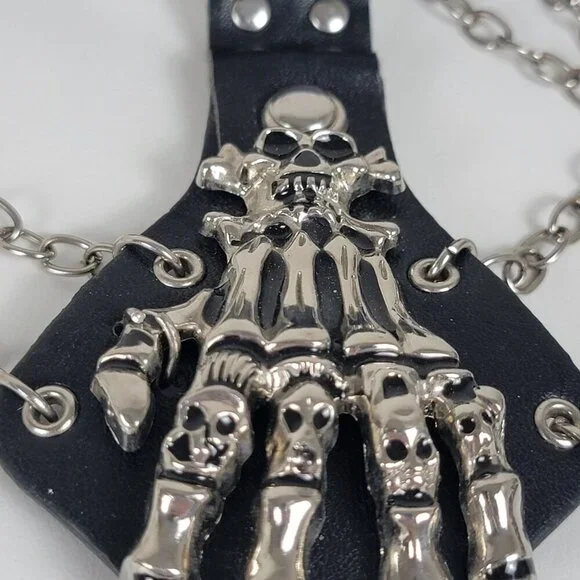 Black Faux Leather Silver Tone Skeleton Hand Slave Bracelet Punk Halloween Goth - Picture 5 of 9